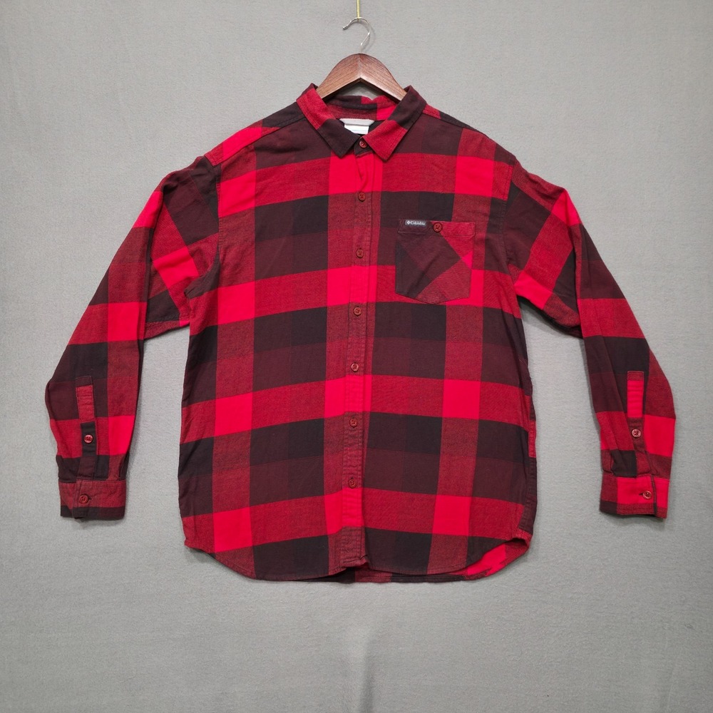 Columbia Men's Red Plaid Long Sleeve Button Up Flannel Size Large